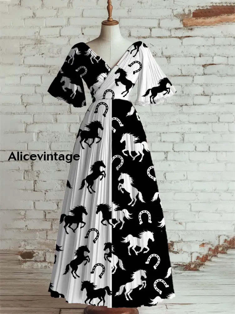 Horse Art Print V-Neck Short Sleeve Vintage Elegant Dress Derby Dress A / S