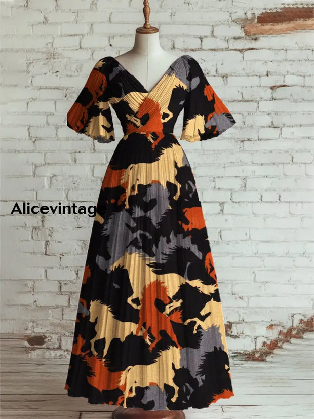 Horse Art Print V-Neck Short Sleeve Vintage Elegant Dress Derby Dress A / S