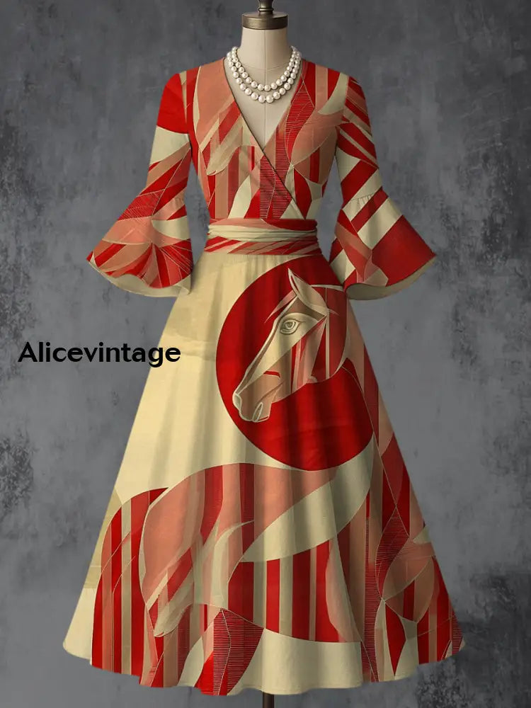 Horse Art Printed V-Neck Vintage Chic Pleated Waist Flare Sleeve Midi Dress A / S