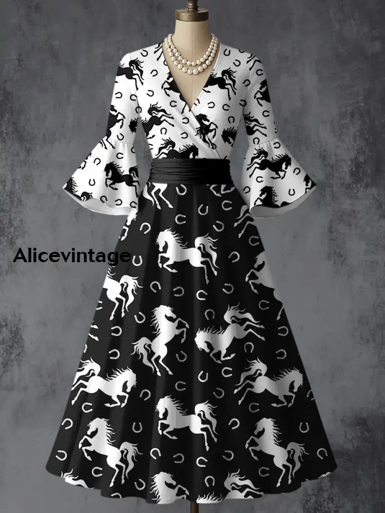 Horse Art Printed V-Neck Vintage Chic Pleated Waist Flare Sleeve Midi Dress A / S