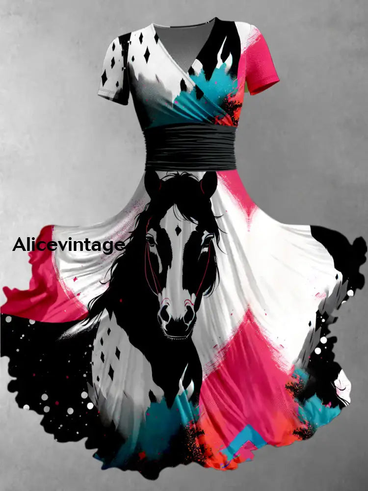 Horse Art Printed Vintage V-Neck Pleated Waist Short Sleeve Midi Dress A / S