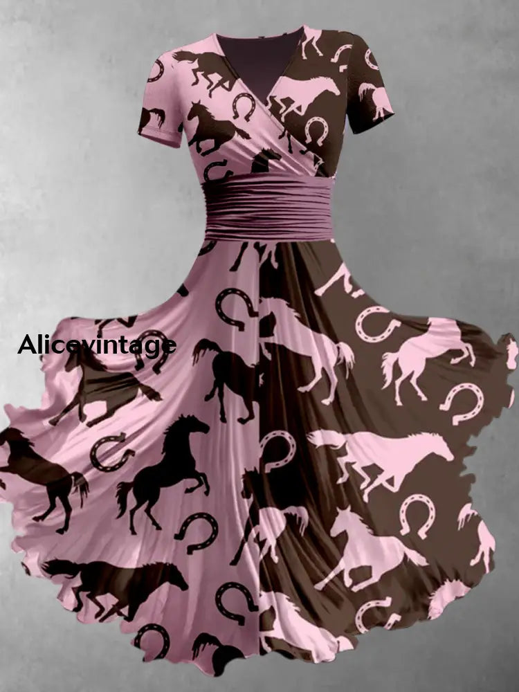 Horse Art Printed Vintage V-Neck Pleated Waist Short Sleeve Midi Dress A / S