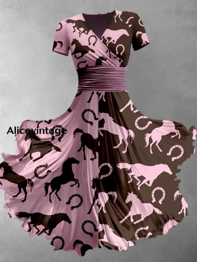 Horse Art Printed Vintage V-Neck Pleated Waist Short Sleeve Midi Dress A / S