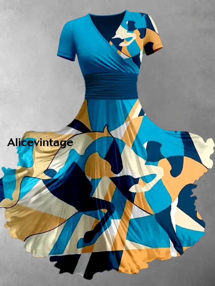 Horse Art Printed Vintage V-Neck Pleated Waist Short Sleeve Midi Dress A / S