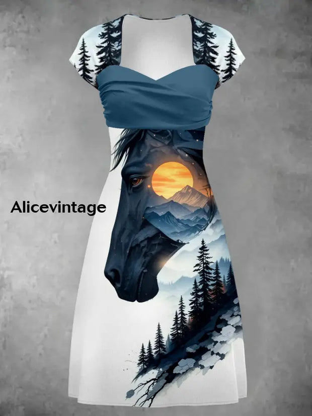 Horse Art Printed Vintage V-Neck Pleated Waist Short Sleeve Midi Dress A / S