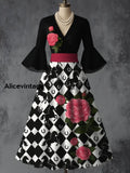 Horse Floral Art Print V-Neck Flare Sleeve Vintage Elegant Dress A / S