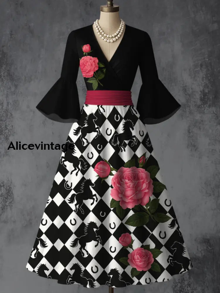 Horse Floral Art Print V-Neck Flare Sleeve Vintage Elegant Dress A / S