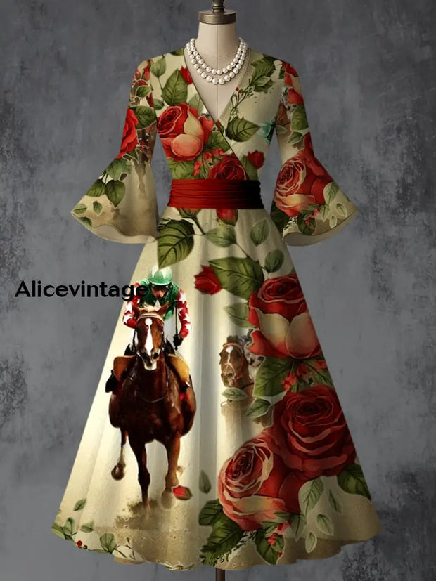 Derby Art Print V-Neck Flare Sleeve Vintage Elegant Dress Derby Dress