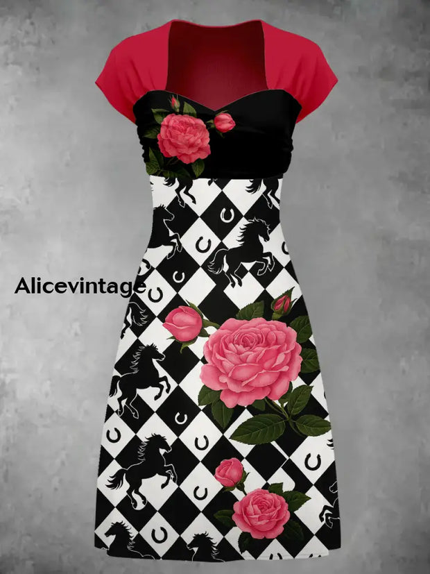 Horse Floral Art Printed Vintage V-Neck Pleated Waist Short Sleeve Midi Dress A / S
