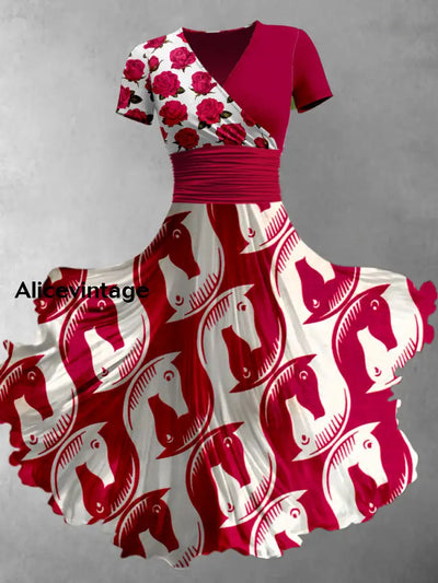 Horse Floral Art Printed Vintage V-Neck Pleated Waist Short Sleeve Midi Dress A / S