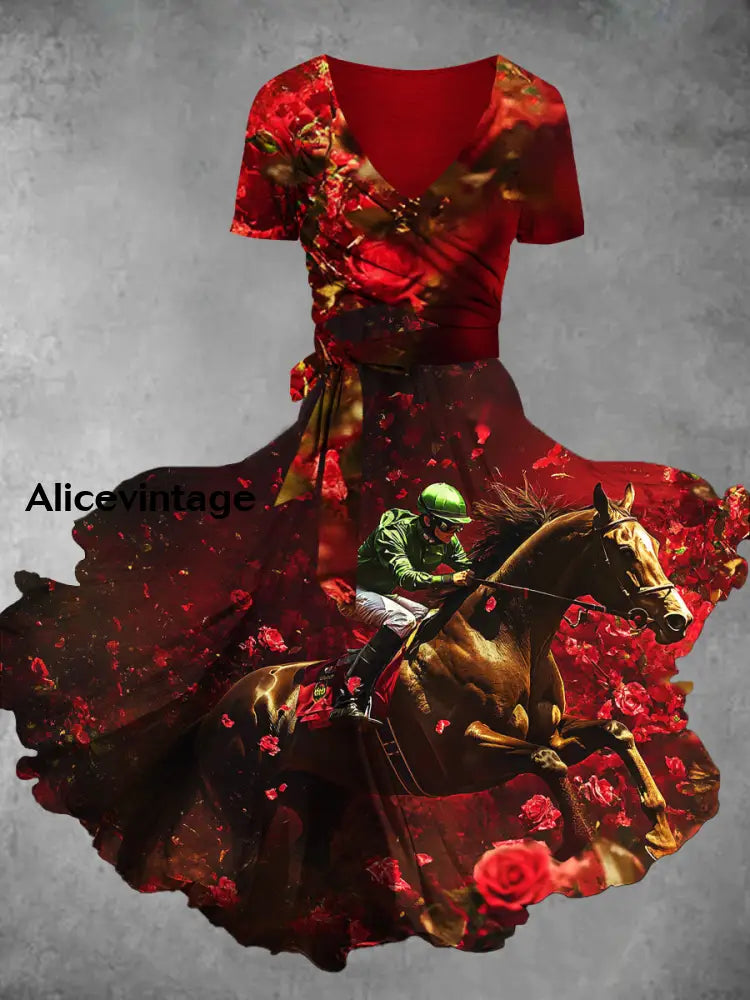 Horse Racing Floral Print V-Neck Short Sleeve Two-Piece Midi Dress A / S