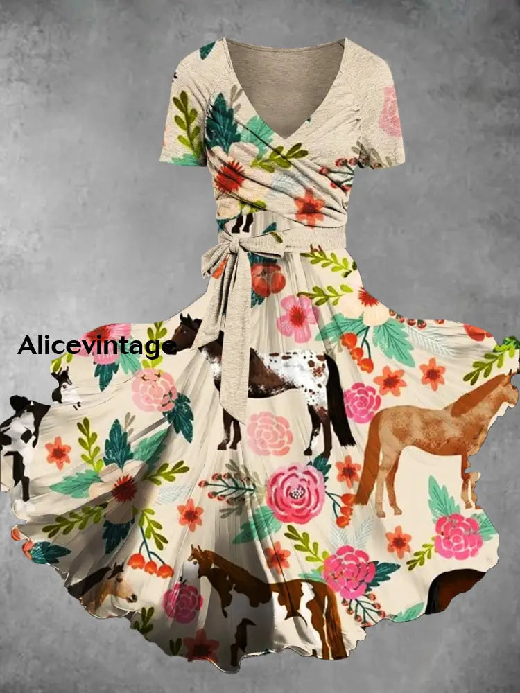 Horse Racing Floral Print V-Neck Short Sleeve Two-Piece Midi Dress A / S