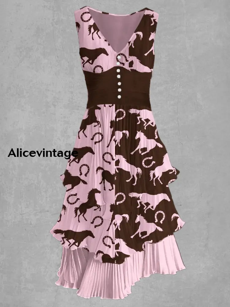Horse Racing Print V-Neck Retro Chic Midi Dress A / S