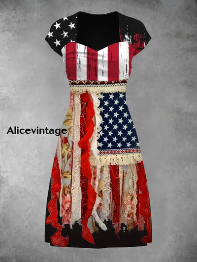 Vintage Independence Day Art Print Short Sleeve Dress A / S