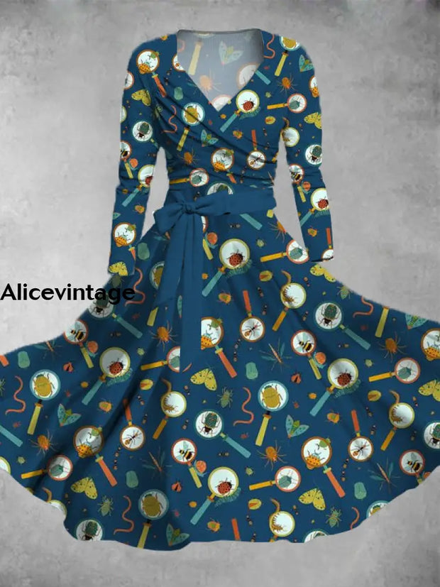 Insect Art Print Vintage V-Neck Long Sleeve Two Piece Midi Dress A / S