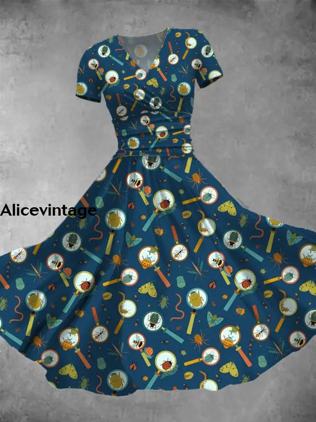 Insect Candy Art Print V-Neck Short Sleeve Vintage Midi Dress A / S