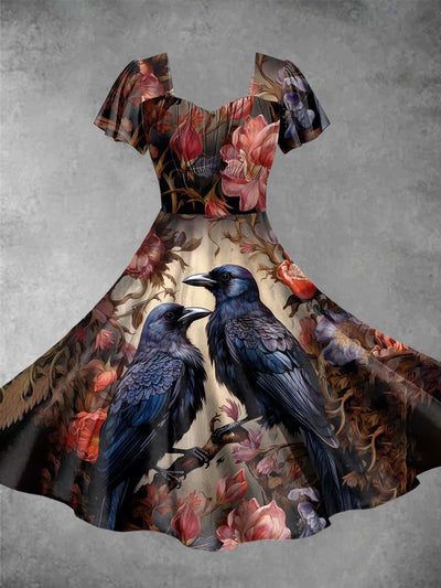 Halloween Crow Print Short Sleeve Vintage Midi Dress