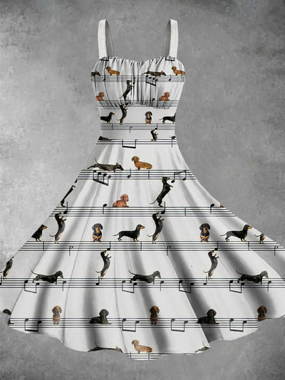 Dog Musician Art Print Vintage V-Neck Sleeveless Midi Dress