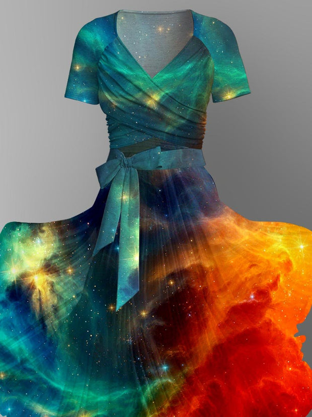 Abstract Color Print V-Neck Short Sleeve Two Piece Dress
