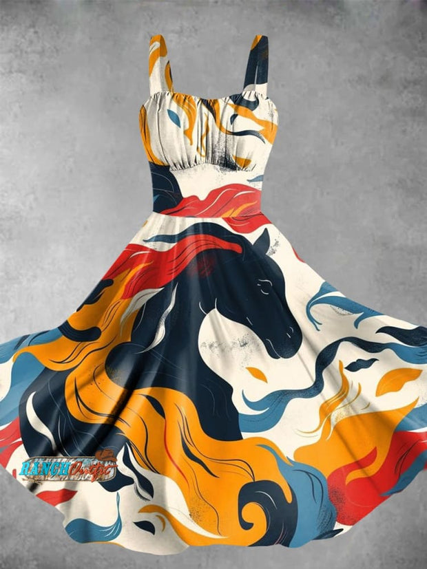 Colorful Horse Art Print Vintage V-Neck Sleeveless Midi Dress