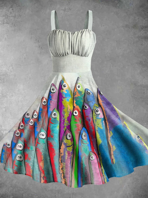 Colorful Fish Art Print Vintage V-Neck Sleeveless Midi Dress