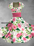 Kentucky Derby Horse Art Printed Vintage V-Neck Pleated Waist Short Sleeve Midi Dress A / S