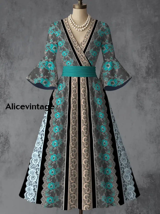 Derby Art Print V-Neck Flare Sleeve Vintage Elegant Dress Derby Dress main image 0
