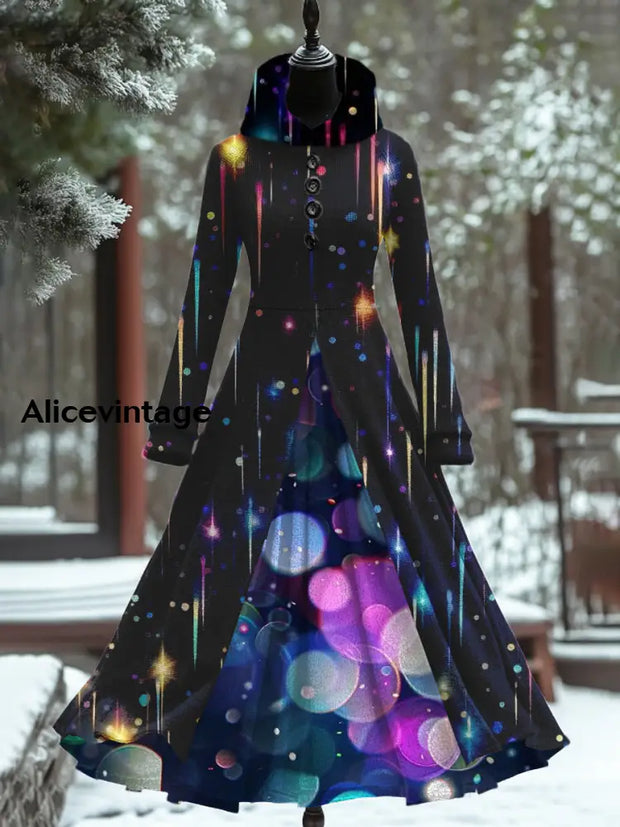 Ladies Fashion Elegant Christmas Art Print Long Sleeve Button Hooded Fake Two-Piece Dress A / S