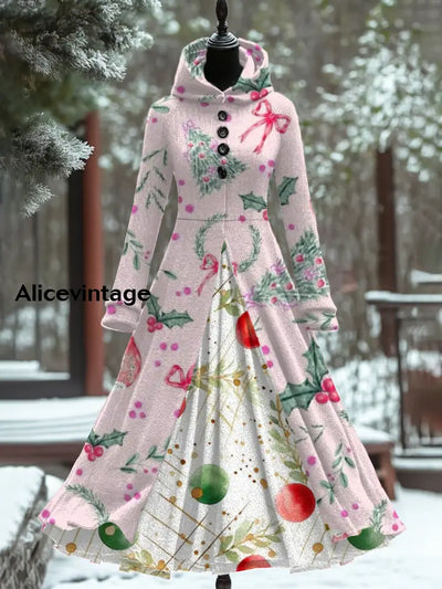 Ladies Fashion Elegant Christmas Art Print Long Sleeve Button Hooded Fake Two-Piece Dress A / S