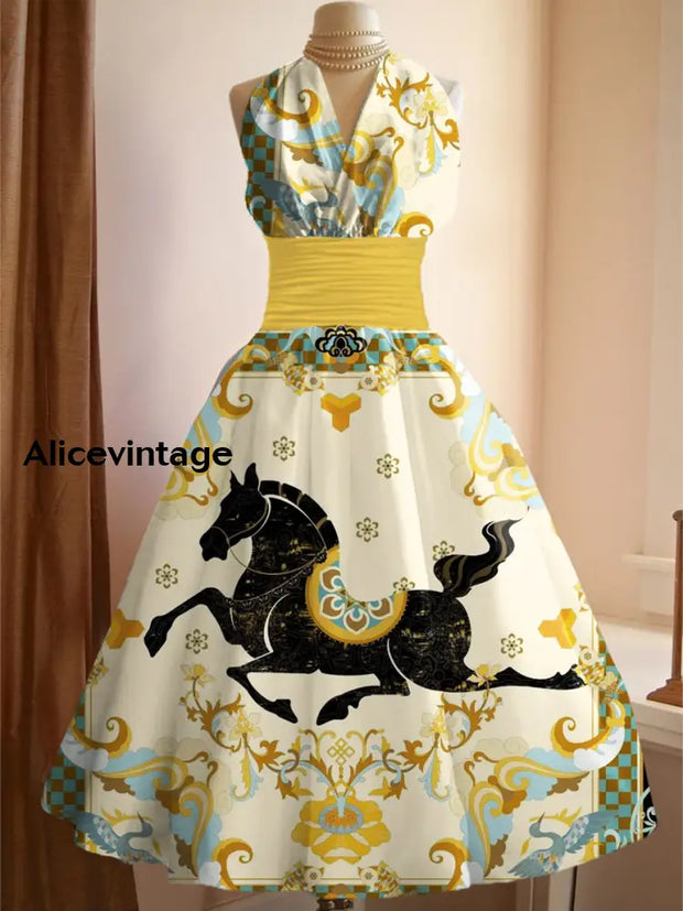 Ladies Vintage Horse Art Print V-Neck Elegant Midi Dress A / S