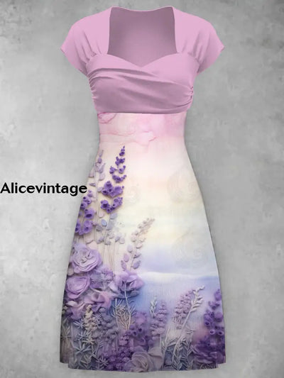 Lavender Purple Flower Print V-Neck Short Sleeve Retro Midi Dress A / S