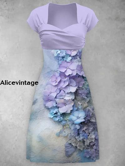 Lavender Purple Flower Printed V-Neck Short Sleeve Vintage Fashion Midi Dress A / S