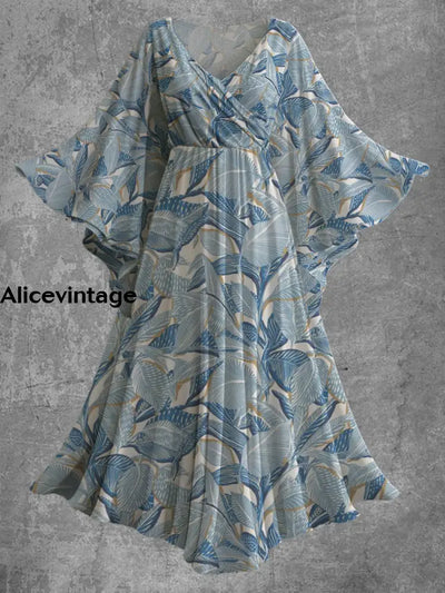 Leaf Art Print Bat Sleeve V-Neck Chic Flowy Maxi Dress A / S