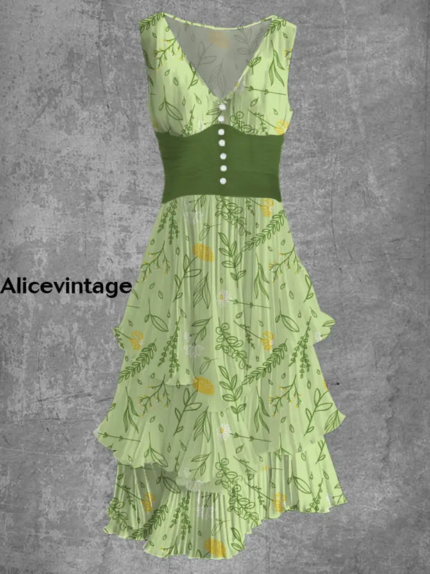 Leaf Art Print Sleeveless V-Neck Button Up Retro Midi Dress A / S