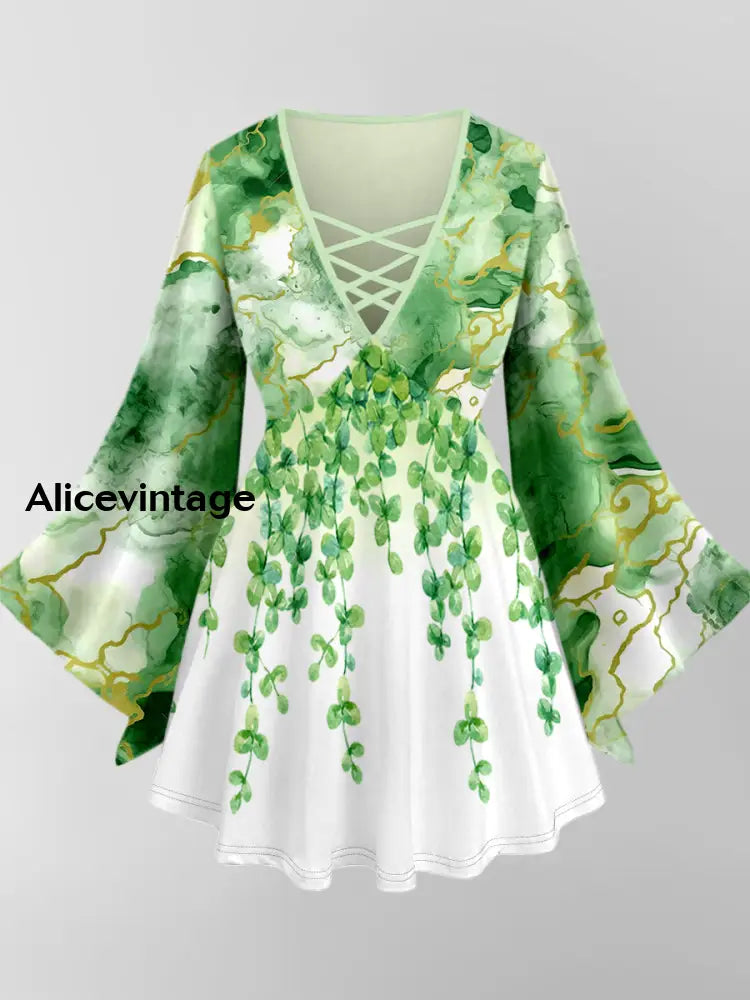 Leaf Art Print V-Neck Long Sleeve Top A / XS