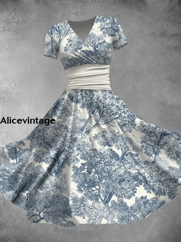 Leaf Art Print V-Neck Short Sleeve Vintage Midi Dress A / S