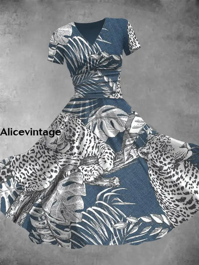 Leaf Art Print V-Neck Vintage Fashion Short Sleeve Midi Dress A / S