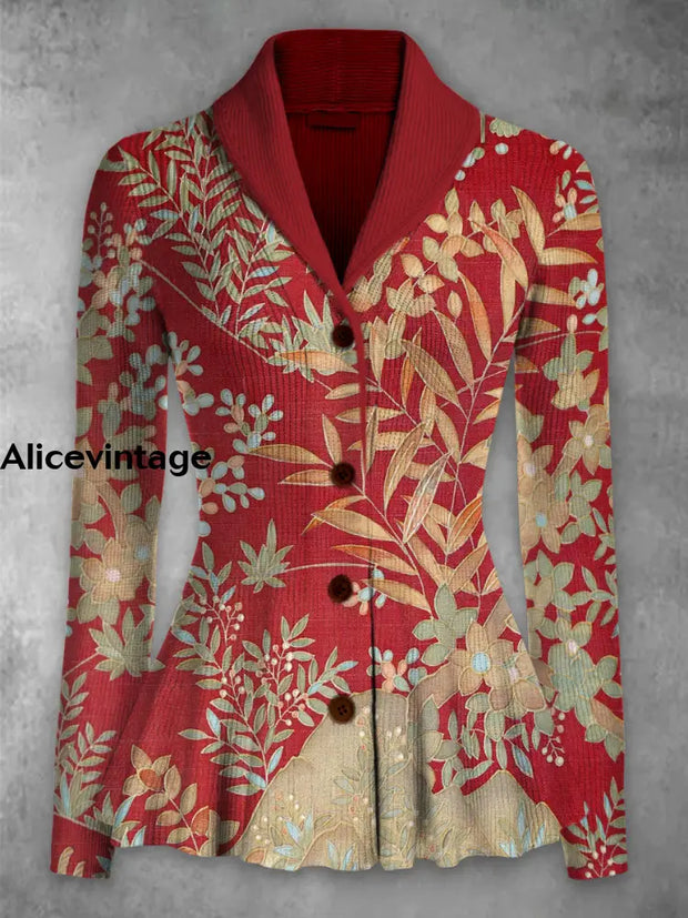 Leaf Art Print Vintage Elegant Lapel Button Up Long Sleeve Top A / S