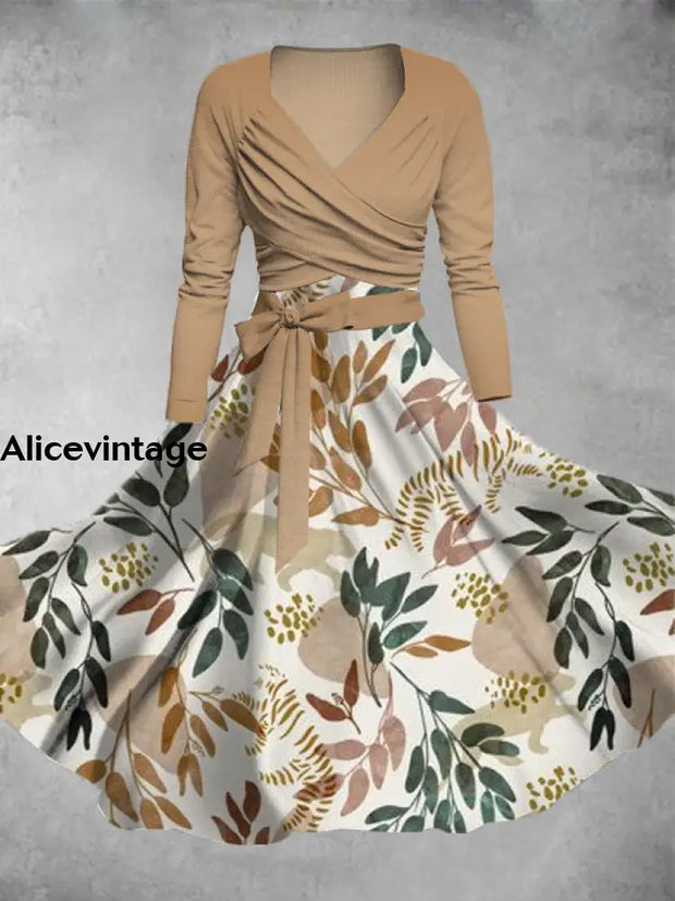 Leaf Art Print Vintage V-Neck Long Sleeve Two-Piece Midi Dress A / S