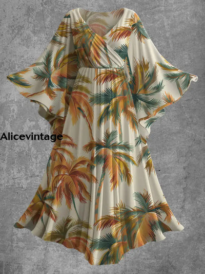 Leaf Print V-Neck Bat Sleeve Vintage Elegant Maxi Dress A / S