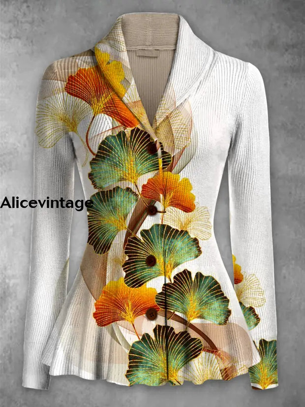 Leaf Print Vintage Elegant Lapel Button Up Long Sleeve Top A / S