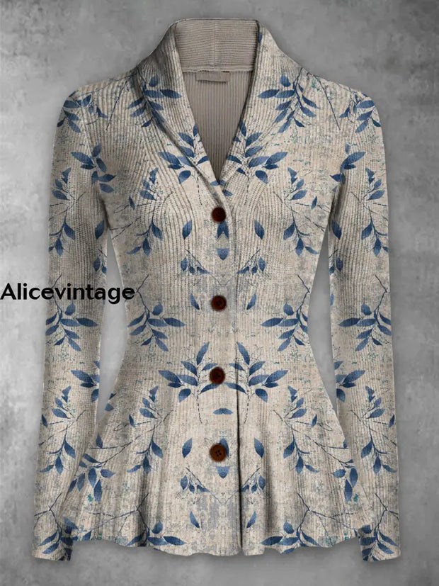 Leaf Print Vintage Elegant Lapel V-Neck Button Up Long Sleeve Top A / S