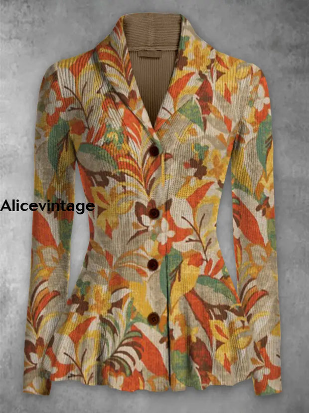 Leaf Print Vintage Elegant Lapel V-Neck Button Up Long Sleeve Top A / S