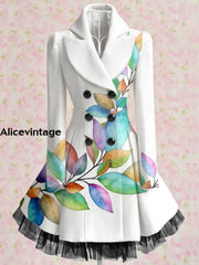 Leaf Print Vintage Elegant V-Neck Button Up Long Sleeve Coat Dress