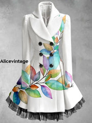 Leaf Print Vintage Elegant V-Neck Button Up Long Sleeve Coat Dress