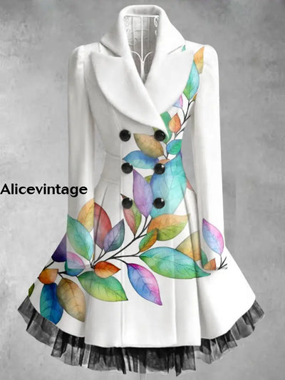 Leaf Print Vintage Elegant V-Neck Button Up Long Sleeve Coat Dress