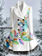 Leaf Print Vintage Elegant V-Neck Button Up Long Sleeve Coat Dress A / S