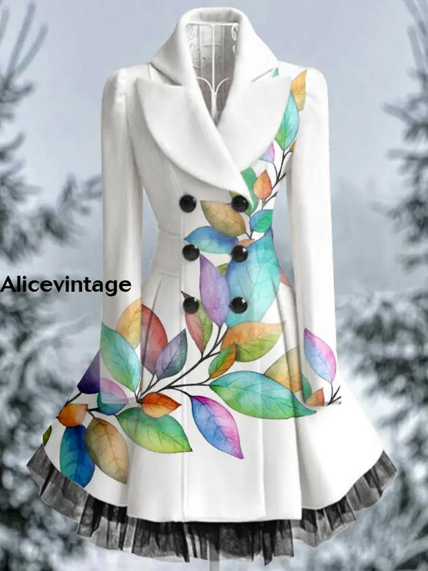 Leaf Print Vintage Elegant V-Neck Button Up Long Sleeve Coat Dress A / S