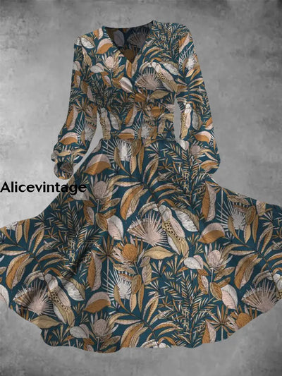 Leaf Print Vintage Elegant V-Neck Long Sleeve Midi Dress A / S