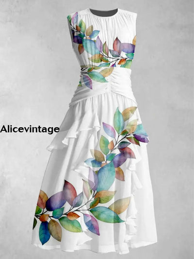 Leaves Art Print V-Neck 50’S Vintage Chic Chiffon Sleeveless Maxi Dress A / S